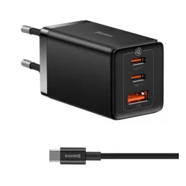   BASEUS hálózati töltő USB+2 Type-C aljzat (65W, PD gyorstöltő + Type-C kábel) FEKETE