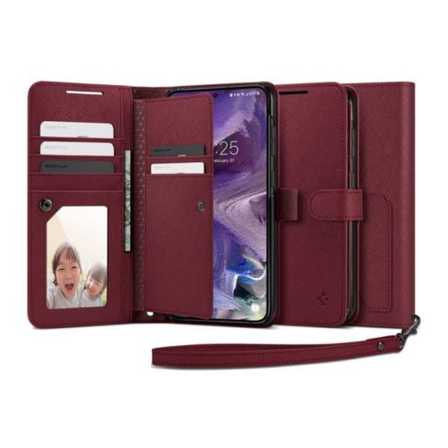 SPIGEN WALLET S PLUS tok álló, bőr hatású (FLIP, oldalra nyíló, textil minta) BURGUNDY