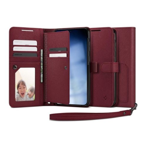 SPIGEN WALLET S PLUS tok álló, bőr hatású (FLIP, oldalra nyíló, textil minta) BURGUNDY