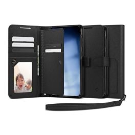   SPIGEN WALLET S PLUS tok álló, bőr hatású (FLIP, oldalra nyíló, textil minta) FEKETE