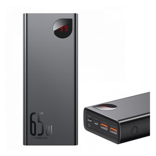 BASEUS ADAMAN vésztöltő 2 USB+Type-C aljzat (20000mAh, 65W, PD gyorstöltő 3.0, LED kijelző) FEKETE