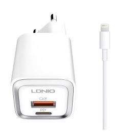   LDNIO A2318M hálózati töltő USB+Type-C aljzat (20W, PD gyorstöltő + lightning kábel) FEHÉR