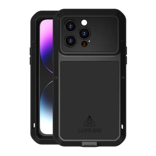 LOVE MEI Powerful defender műanyag telefonvédő (fém keret, erős ütésállóság, porálló + képernyővédő üveg) FEKETE