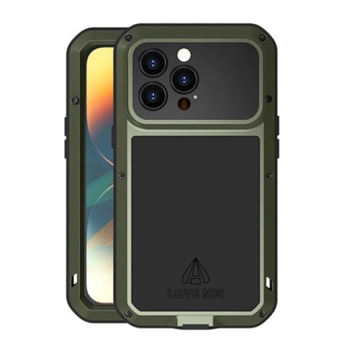 LOVE MEI Powerful defender műanyag telefonvédő (fém keret, erős ütésállóság, porálló + képernyővédő üveg) SÖTÉTZÖLD