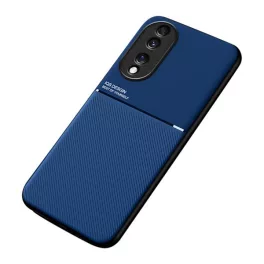   Szilikon telefonvédő (ütésállóság, mágneses, bőr hatású hátlap, csíkos) SÖTÉTKÉK