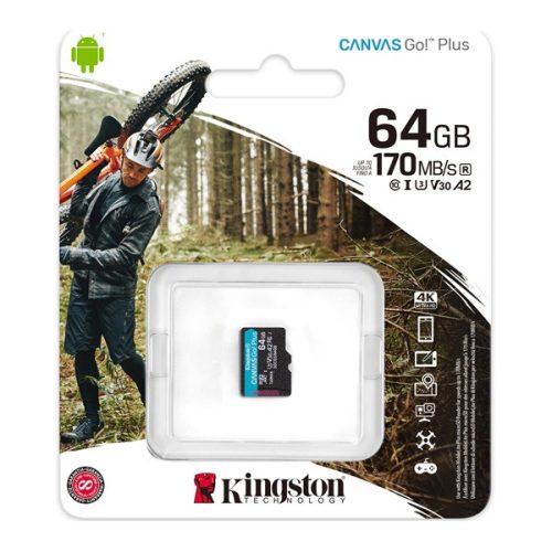 KINGSTON memóriakártya 64GB (microSDXC Canvas Go Plus - Class 10, UHS-1, U3, V30, A2) - adapter nélkül