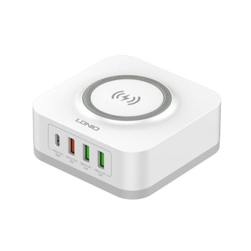 LDNIO hálózati töltő állomás 3 USB+Type-C aljzat (15W, PD gyorstöltő, wireless) FEHÉR