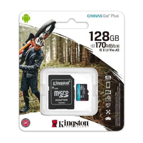 KINGSTON MEMÓRIAKÁRTYA 128GB (microSDXC Canvas Go Plus - Class 10, UHS-1, U3, V30, A2) - adapter nélkül