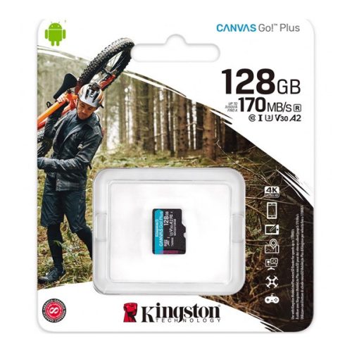 KINGSTON MEMÓRIAKÁRTYA 128GB (microSDXC Canvas Go Plus - Class 10, UHS-1, U3, V30, A2) - adapter nélkül