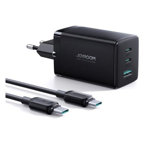 JOYROOM hálózati töltő USB+2 Type-C aljzat (65W, GaN, PD gyorstöltő 3.0 + Type-C kábel) FEKETE