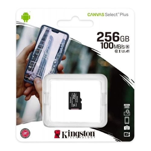 KINGSTON MEMÓRIAKÁRTYA 256GB (microSDXC Canvas Select Plus - Class 10, UHS-1, U3, V30, A1) - adapter nélkül