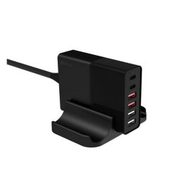   DEVIA hálózati töltő állomás 4 USB+Type-C aljzat (75W, PD gyorstöltő 3.0) FEKETE
