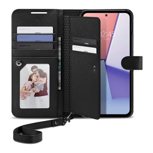 SPIGEN WALLET S PLUS tok álló, bőr hatású (FLIP, oldalra nyíló, textil minta) FEKETE