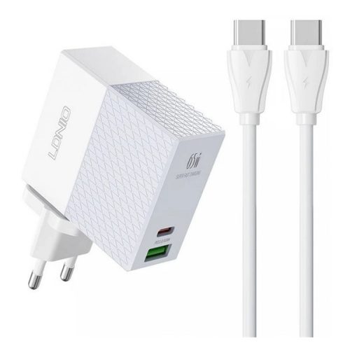 LDNIO hálózati töltő USB+Type-C aljzat (65W, PD gyorstöltő + Type-C - Type-C kábel) FEHÉR