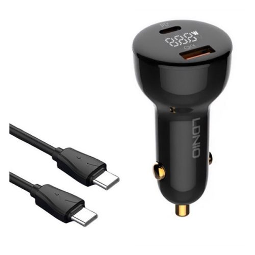 LDNIO autós töltő USB+Type-C aljzat (100W, PD gyorstöltő 3.0 + Type-C - Type-C kábel) FEKETE