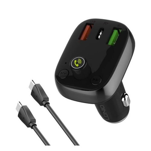 LDNIO bluetooth FM transmitter autós töltő 2 USB+Type-C aljzat (15W + Type-C - Type-C kábel) FEKETE