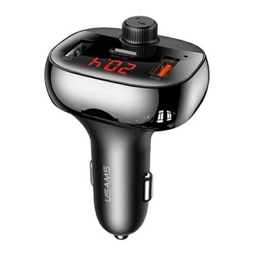 USAMS C25 bluetooth FM transmitter autós töltő 2 USB+Type-C aljzat (20W, PD gyorstöltő) FEKETE