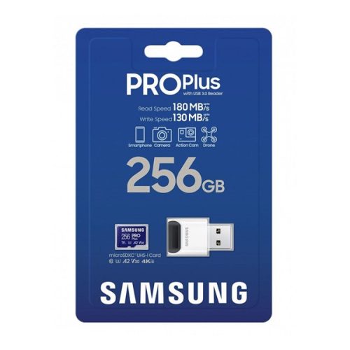 SAMSUNG memóriakártya 256GB (microSDXC PRO Plus - CLASS 10, UHS-1, U3, V30, A2, R180/W130) + USB kártyaolvasó