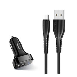   USAMS KING-TU autós töltő 2 USB aljzat (10W + Type-C kábel) FEKETE