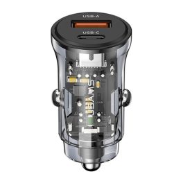   USAMS C32 autós töltő USB+Type-C aljzat (30W, PD gyorstöltő) FEKETE