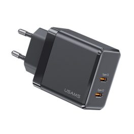   USAMS T54 hálózati töltő 2 Type-C aljzat (40W, GaN, PD gyorstöltő) FEKETE