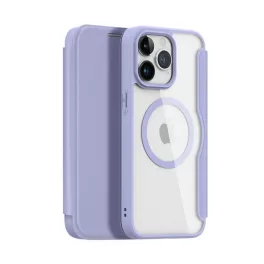   DUX DUCIS SKIN X PRO tok álló, bőr hatású (FLIP, oldalra nyíló, RFID, MagSafe) LILA