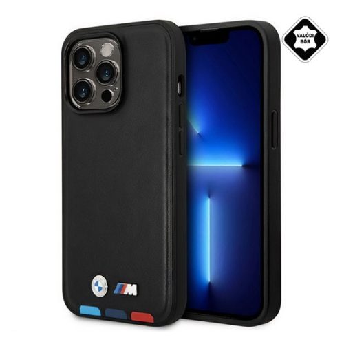 BMW LEATHER STAMP TRICOLOR MAGSAFE szilikon telefonvédő (valódi bőr bevonat) FEKETE