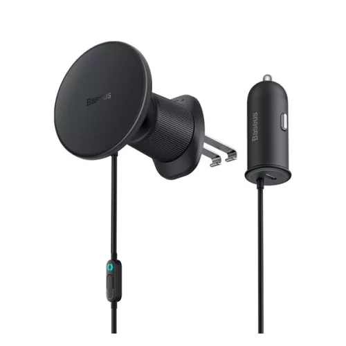 BASEUS CW01 autós tartó (szellőzőre, 15W, wireless, mágneses + autós töltő Type-C aljzat) FEKETE