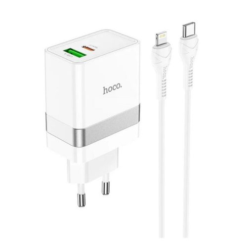 HOCO N21 hálózati töltő USB+Type-C aljzat (30W, PD gyorstöltő 3.0 + lightning kábel) FEHÉR