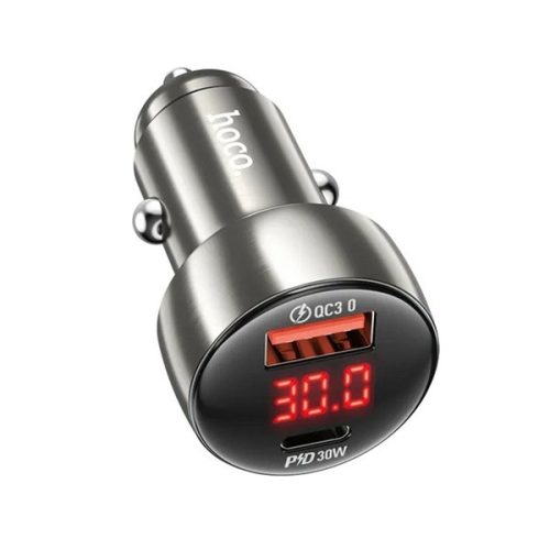 HOCO Z50 autós töltő USB+Type-C aljzat (48W, PD gyorstöltő 3.0, LED kijelző) SZÜRKE