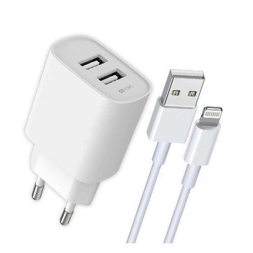 4-OK hálózati töltő 2 USB aljzat (12W, gyorstöltő + lightning kábel) FEHÉR