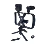 Tripod állvány (univerzális, 3.5mm jack mikrofon, LED fény, bluetooth távkioldó, dupla markolat) FEKETE