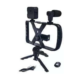   Tripod állvány (univerzális, 3.5mm jack mikrofon, LED fény, bluetooth távkioldó, dupla markolat) FEKETE
