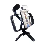 Tripod állvány (univerzális, 3.5mm jack mikrofon, LED fény, bluetooth távkioldó, dupla markolat) FEKETE