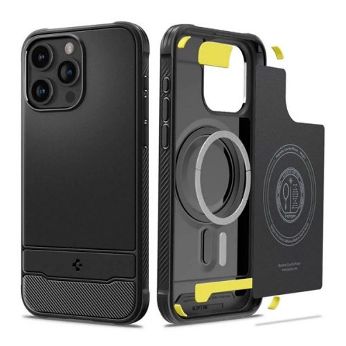 SPIGEN RUGGED ARMOR szilikon telefonvédő (ütésállóság, légpárnás sarok, karbon minta, MagSafe) FEKETE