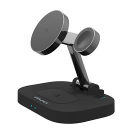   AWEI asztali töltőállvány 4in1 (15W, wireless, gyorstöltő, MagSafe, Apple Watch töltő) FEKETE