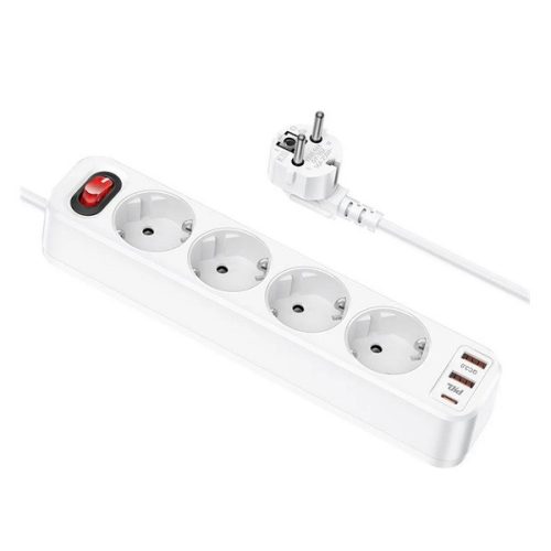 HOCO hálózati elosztó 4 AC+2 USB+Type-C aljzat (20W, PD gyorstöltő 3.0 + 180cm kábel) FEHÉR