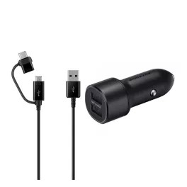   SAMSUNG autós töltő 2 USB aljzat (15W, gyorstöltő, LED + Type-C/microUSB kábel) FEKETE