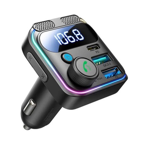 JOYROOM bluetooth FM transmitter autós töltő 2 USB+Type-C aljzat (v5.3, 48W, gyorstöltő) FEKETE