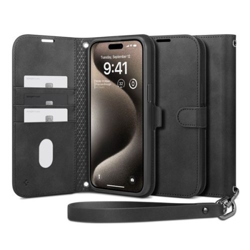 SPIGEN WALLET S PRO tok álló, bőr hatású (FLIP, oldalra nyíló, textil minta) FEKETE