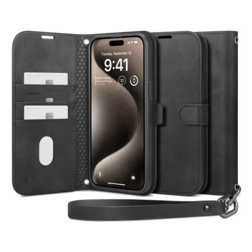 SPIGEN WALLET S PRO tok álló, bőr hatású (FLIP, oldalra nyíló, textil minta) FEKETE