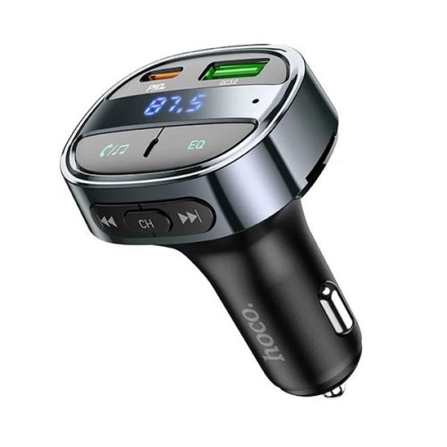 HOCO E70 bluetooth FM transmitter autós töltő USB+Type-C aljzat (30W, PD gyorstöltő 3.0, microSD, LED kijelző) FEKETE