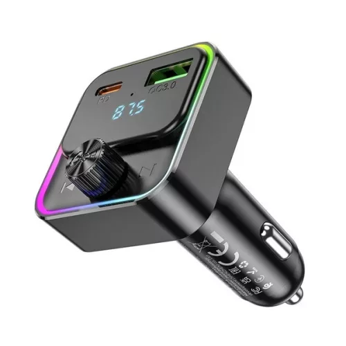 HOCO E81 bluetooth FM transmitter autós töltő USB+Type-C aljzat (30W, PD gyorstöltő 3.0, LED kijelző) FEKETE