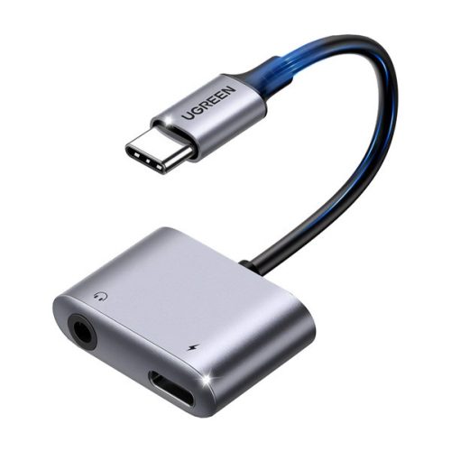 UGREEN audió adapter és töltőkábel (elosztó, Type-C+3.5mm jack aljzat - Type-C, 10cm) VILÁGOSSZÜRKE