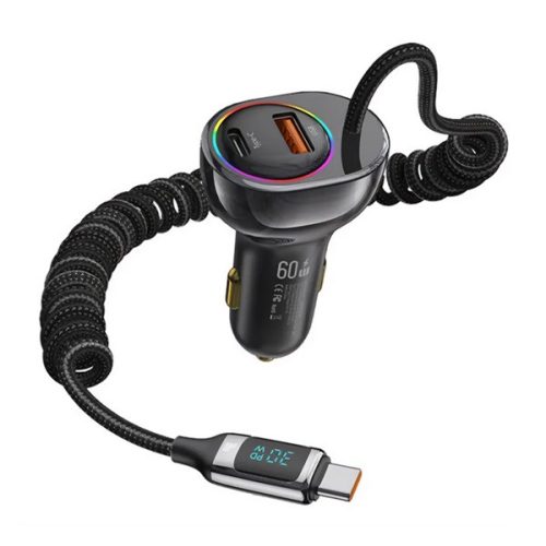 USAMS autós töltő USB+Type-C aljzat (30W, PD gyorstöltő, LED kijelző, RGB + fix Type-C kábel) FEKETE