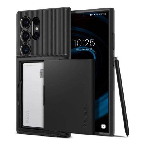 SPIGEN SLIM ARMOR CS szilikon telefonvédő (műanyag hátlap, kártyatartó, ütésállóság, légpárnás sarok) FEKETE