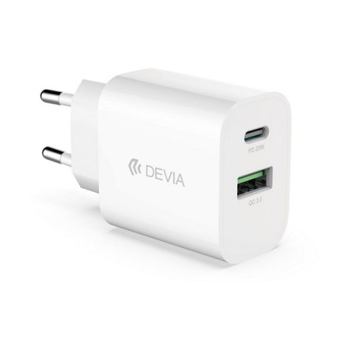 DEVIA SMART hálózati töltő USB+Type-C aljzat (20W, PD gyorstöltő) FEHÉR