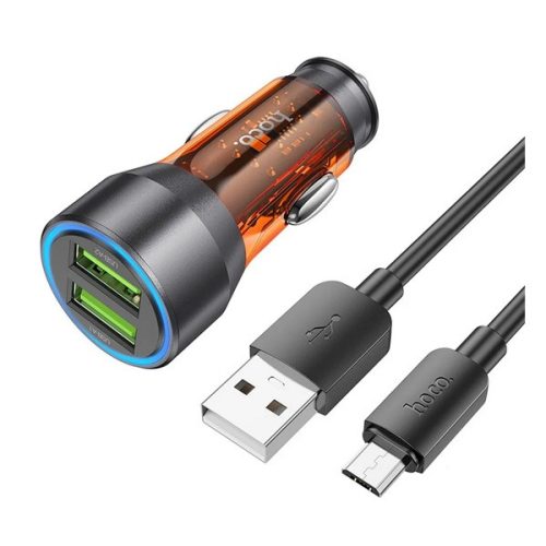 HOCO autós töltő 2 USB aljzat (36W, gyorstöltő, LED jelzés + microUSB kábel) NARANCSSÁRGA