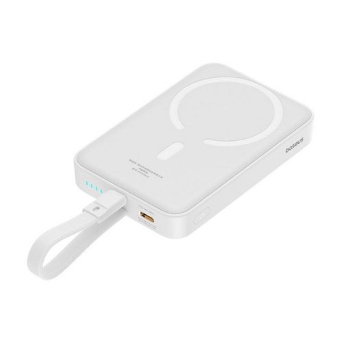 BASEUS MAGNETIC MINI vésztöltő Type-C aljzat (10000mAh, 20W, gyorstöltő, wireless, mágneses + fix lightning kábel) FEHÉR