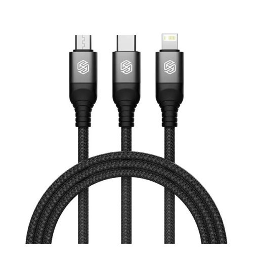 NILLKIN SWIFT PRO adatkábel 3in1 (USB - lightning/microUSB/Type-C, 4.4A, gyorstöltő, 150cm, cipőfűző) FEKETE